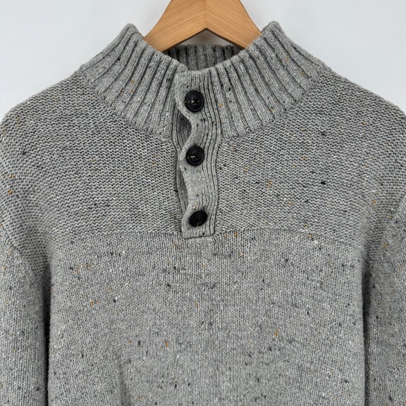 Lucky Brand Mens Button Mock Neck Sweater Gray Speckled Knit Pullover XL - Picture 1 of 9